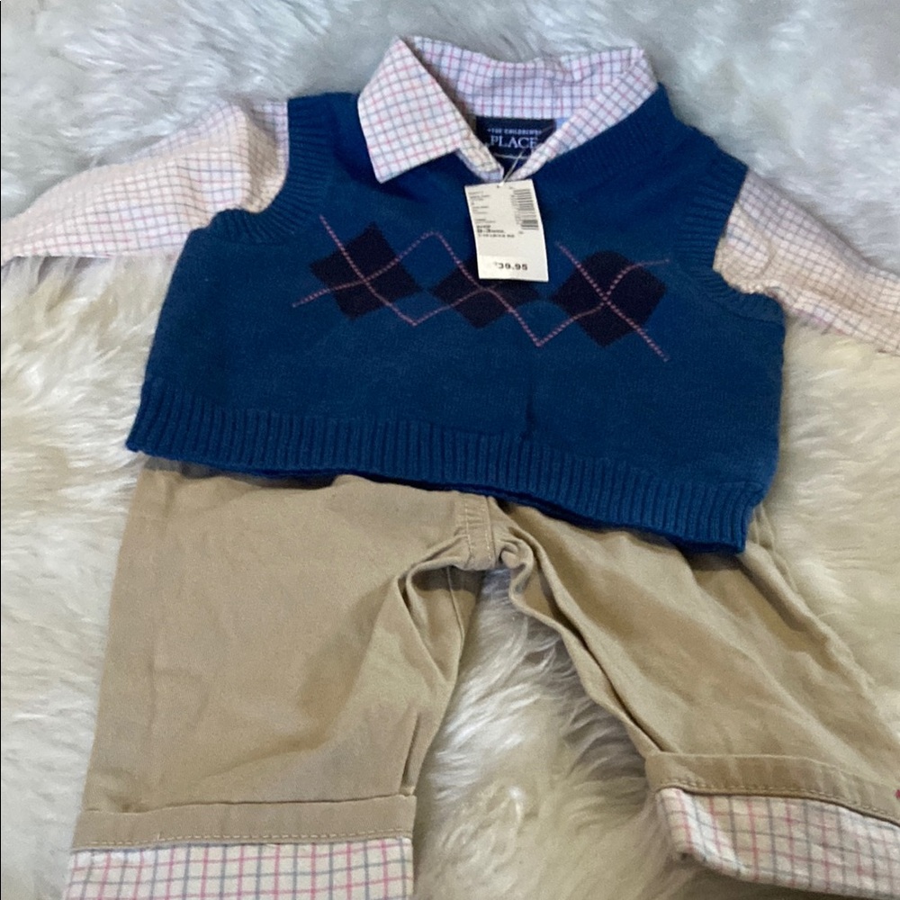 Blue Argyle Sweater Vest with Plaid Shirt and Tan Pants